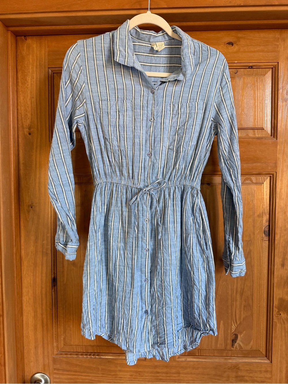 Japna Blue and White Striped Long-Sleeve Shirt Dress with Waist Tie